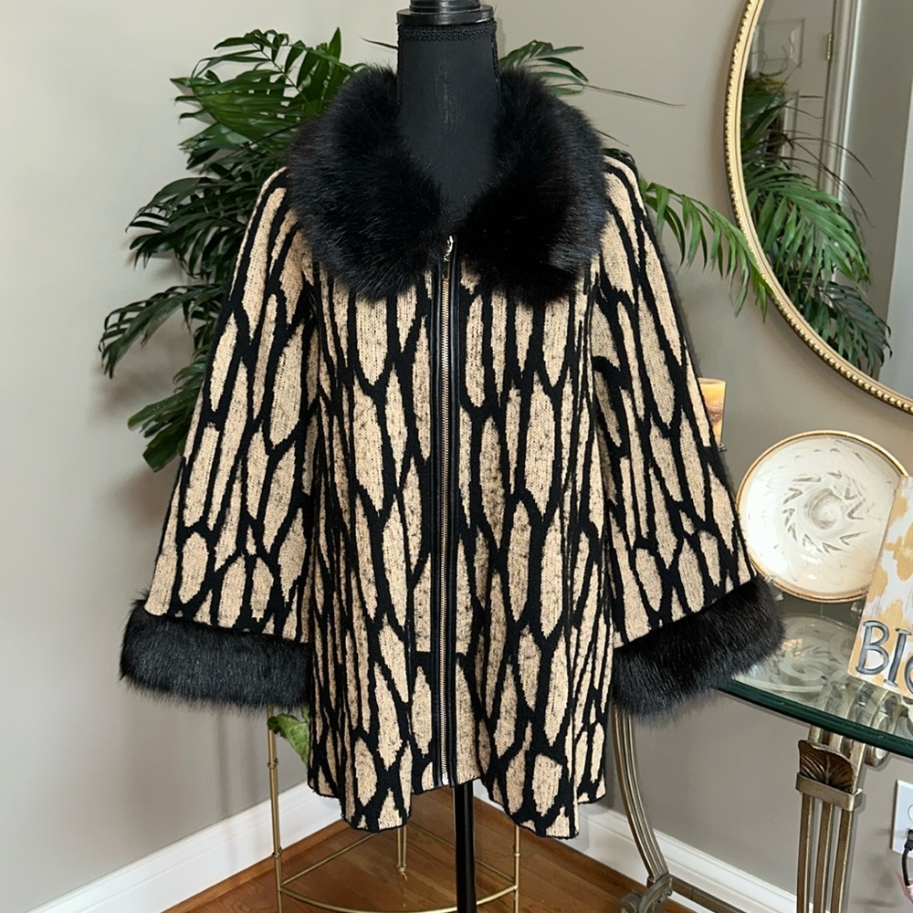 CHICO, Fur collar and wrists Camel and Black cardigan sweater. Size 3 or Large.